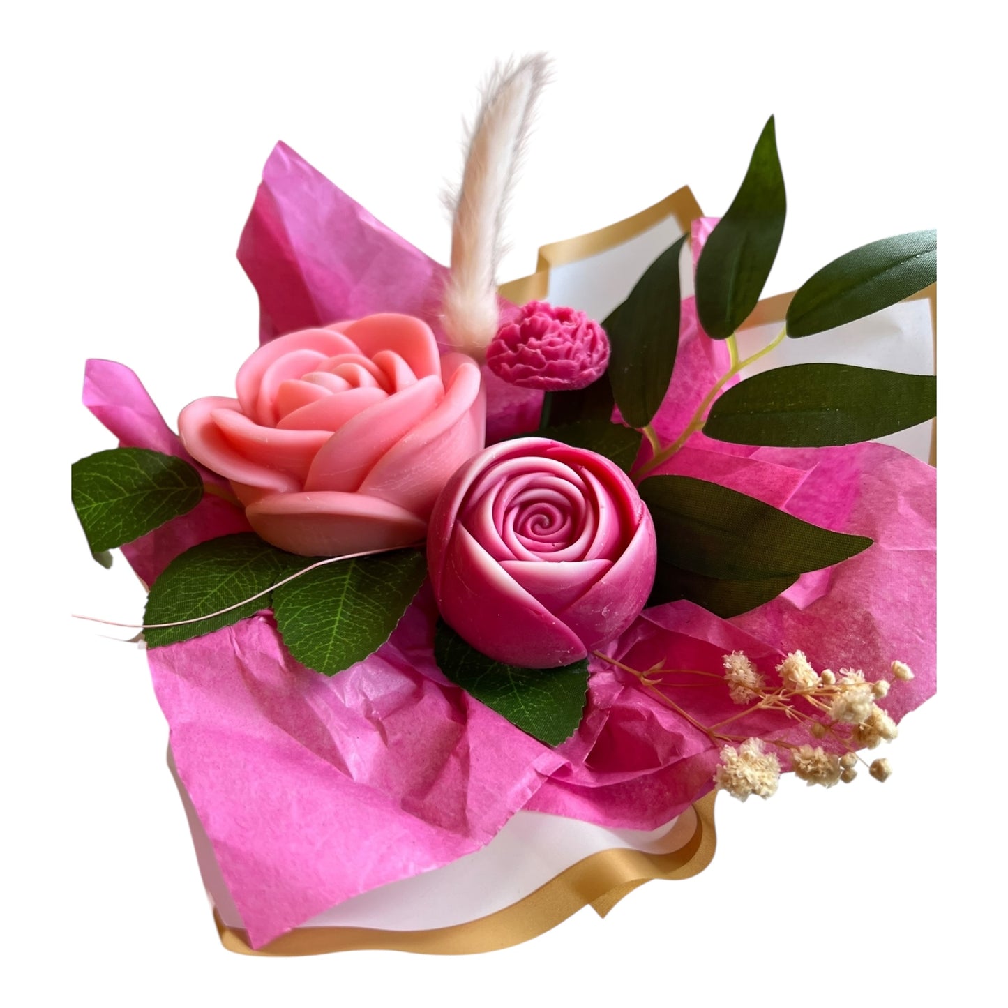 Bouquet of pink roses with green leaves on a white background