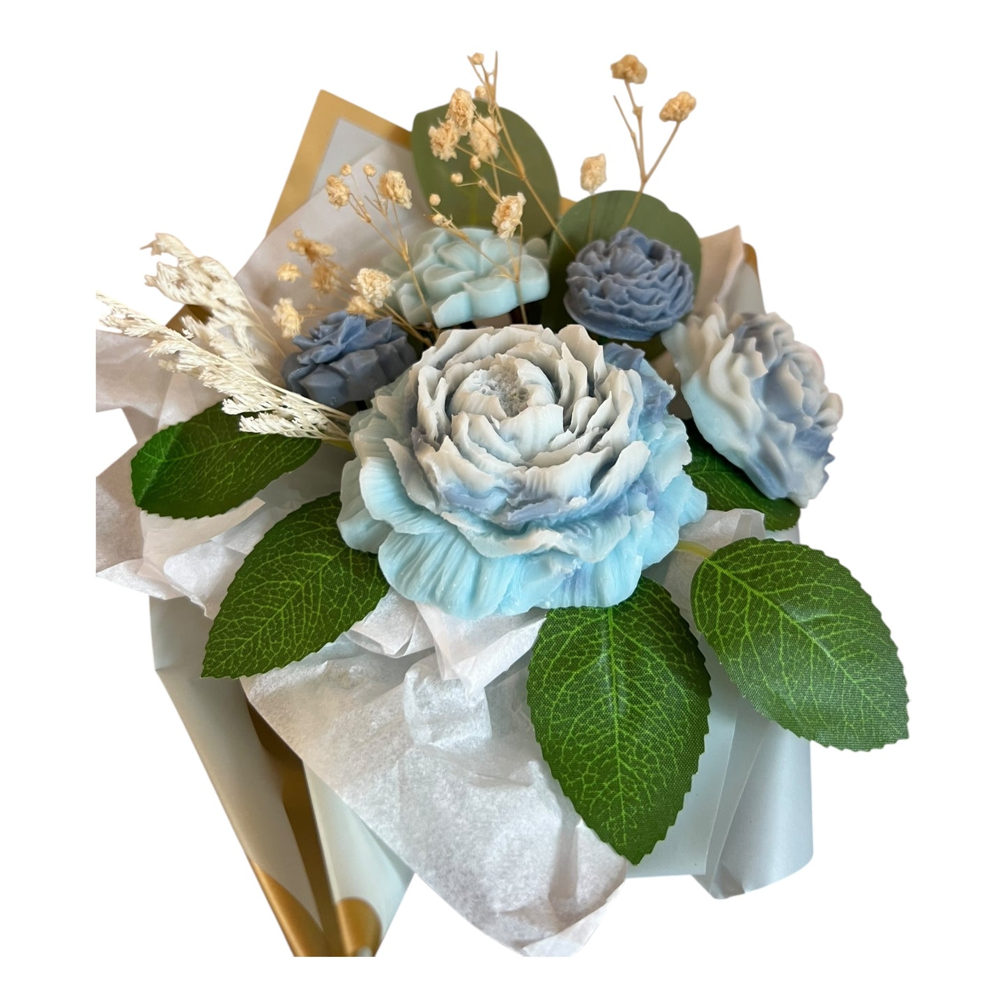 Bouquet of blue and green flowers with green leaves on a white background