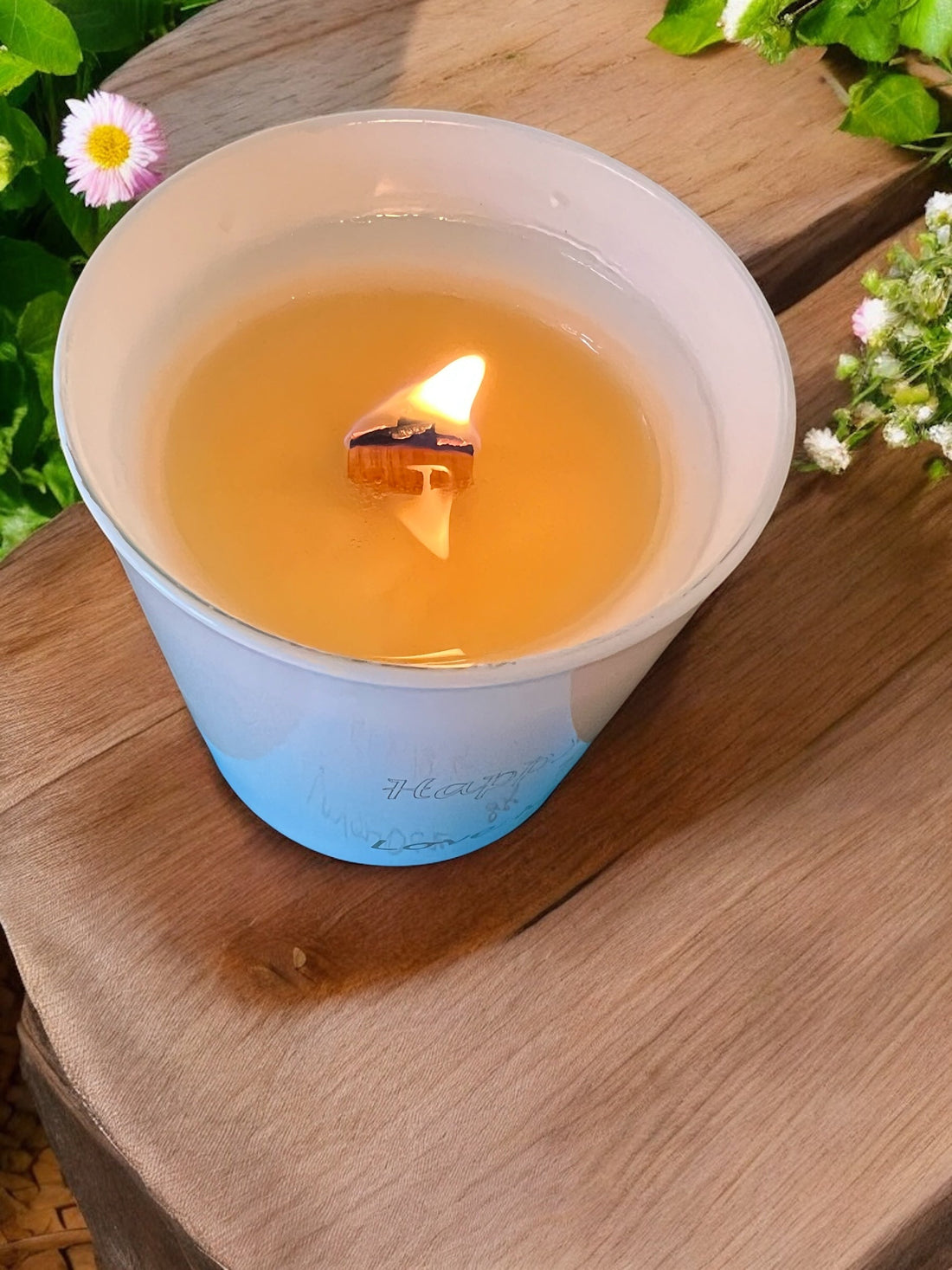 Soy wax candle with wood wick burning clean with no smoke