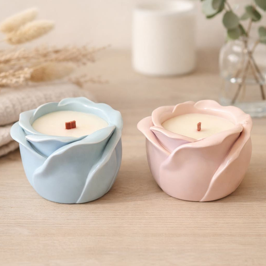 Handmade Rose Bloom Candle Jar Gift, Artisan Soy Wax and Wood Wick
