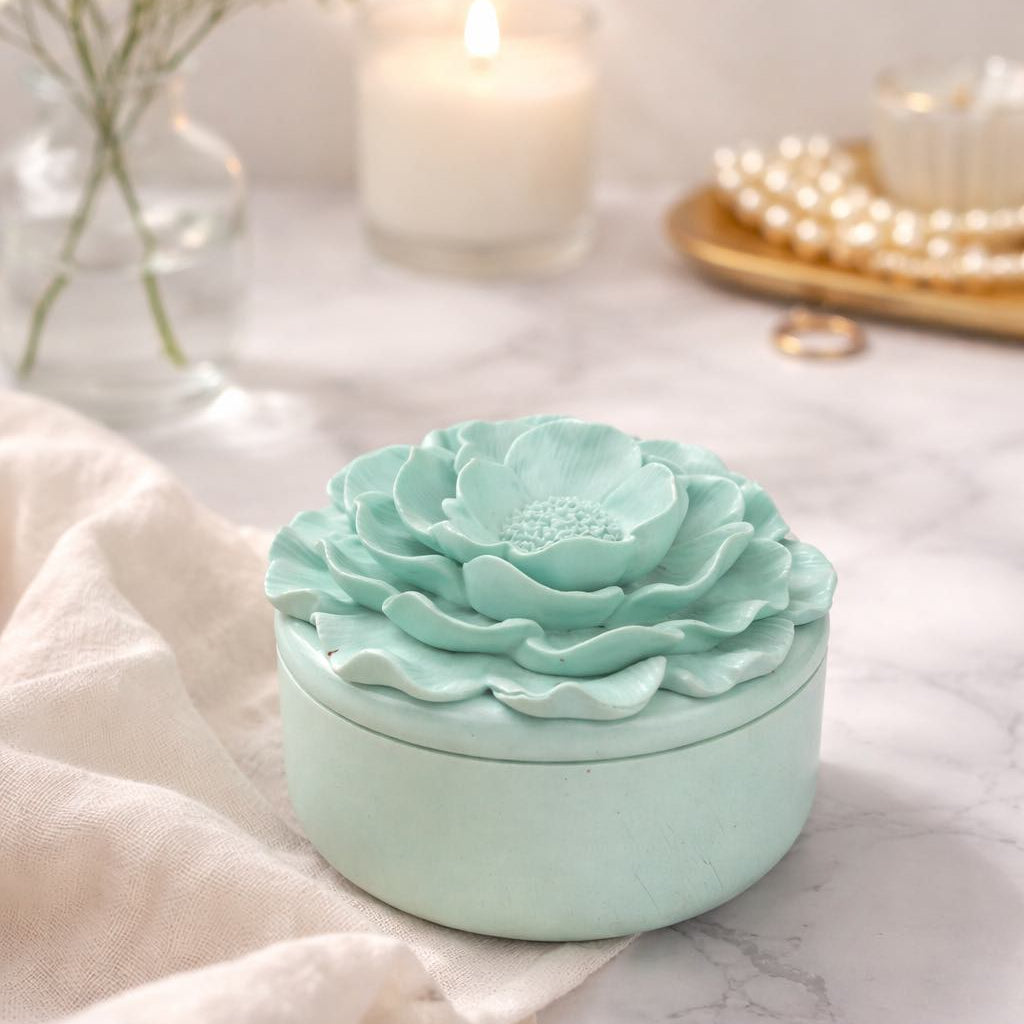 Mint green decorative box with floral design on a marble surface with candles and flowers in the background.