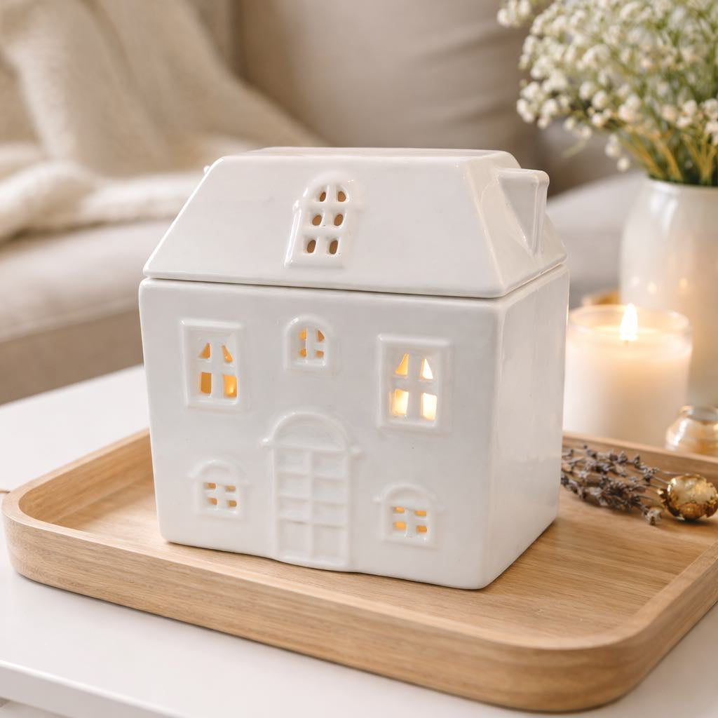 White ceramic house-shaped wax melter on a wooden tray with a blurred background of a cozy living room.