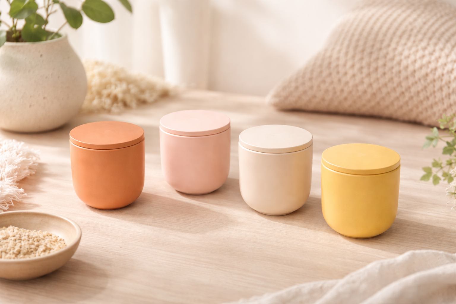 Four colorful ceramic containers on a wooden surface with a soft, blurred background.