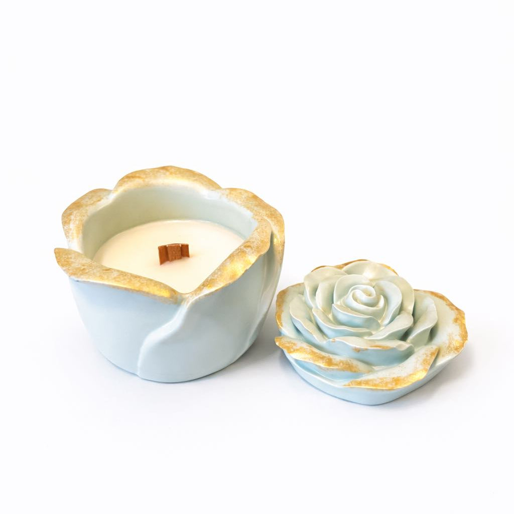 Handmade Rose Bloom Candle Jar Gift, Artisan Soy Wax and Wood Wick