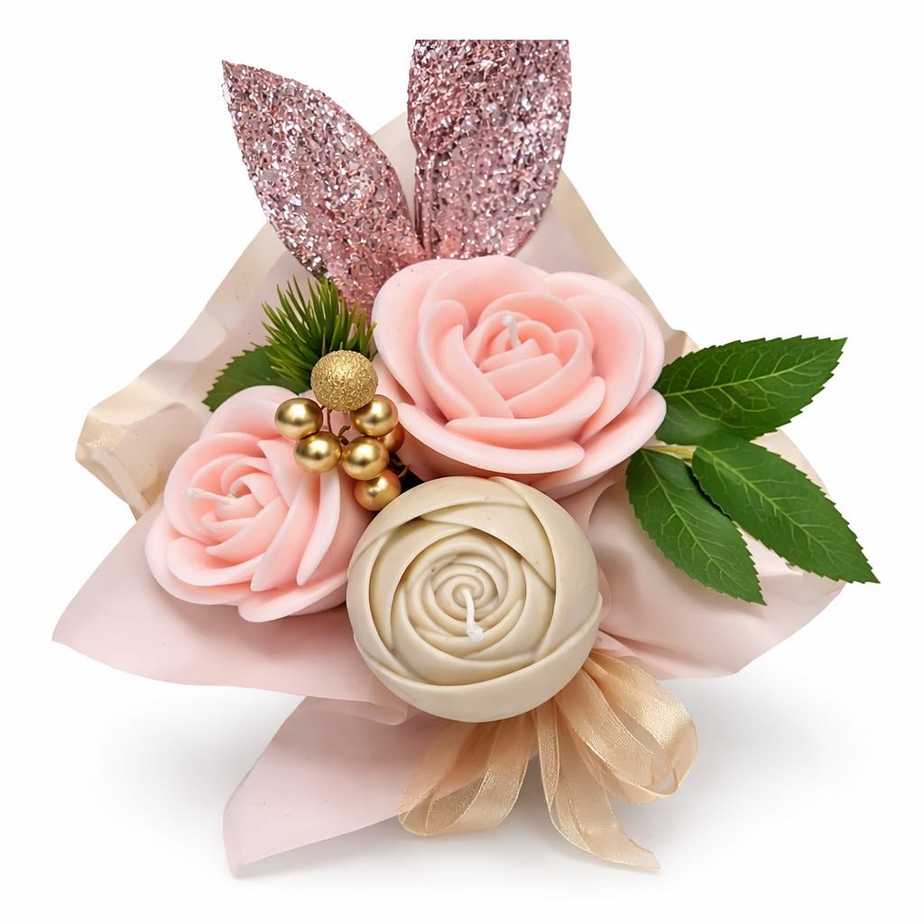 Decorative flower arrangement with pink roses, green leaves, and glittery bunny ears on a white background