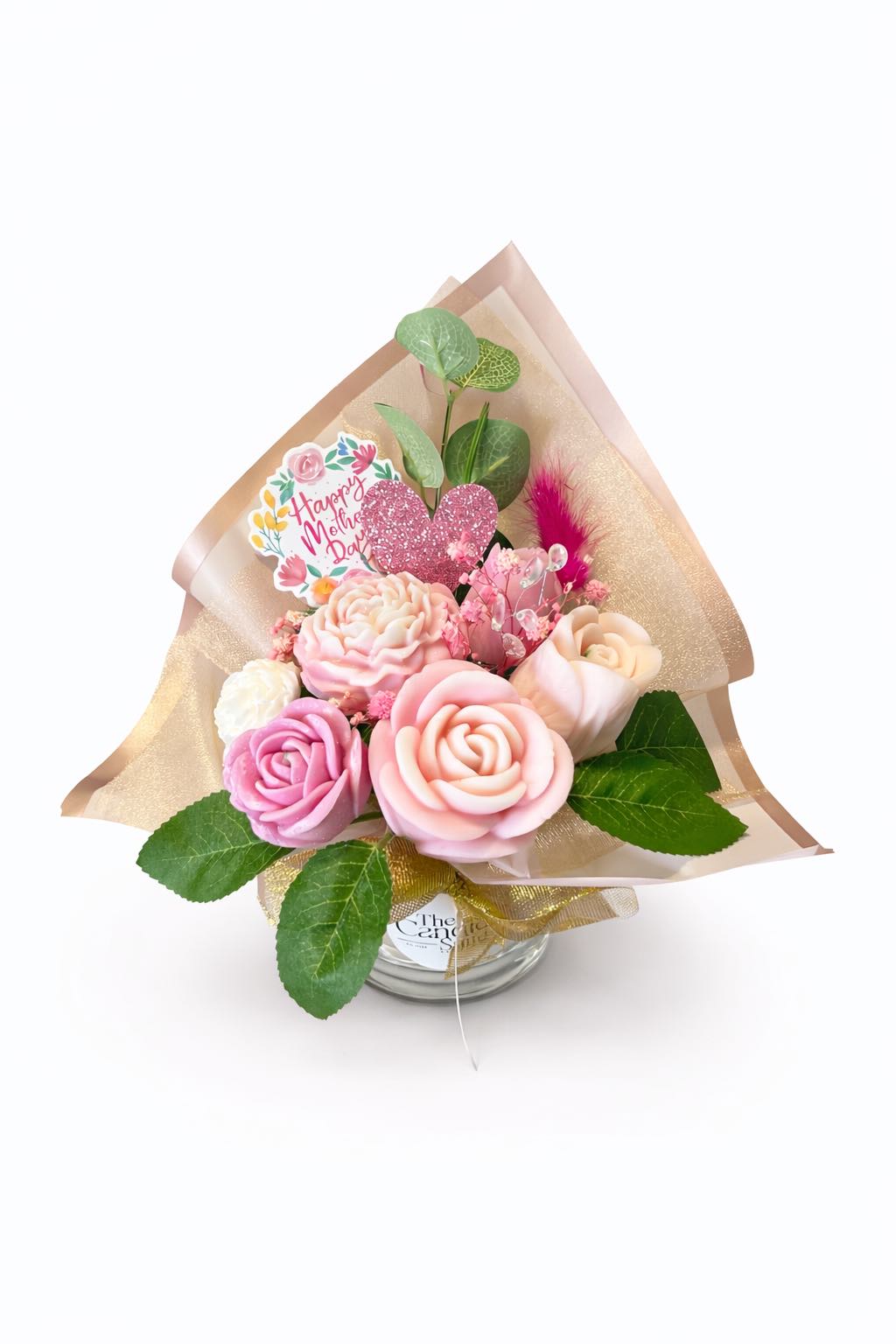 Mother’s Day floral wax melt bouquet in pink and cream shades with green leaves and a decorative tag
