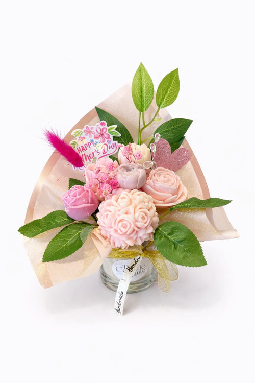 Mother’s Day floral candle bouquet gift, handmade pink wax melts with green leaves, decorative home fragrance arrangement