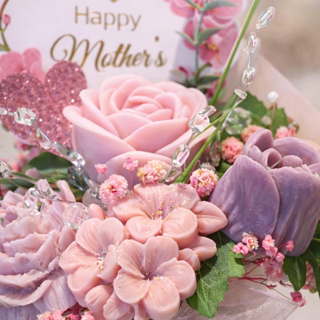Mother’s Day floral wax melt bouquet with pink and purple candles, decorative crystal accents, and pink flowers for home fragrance