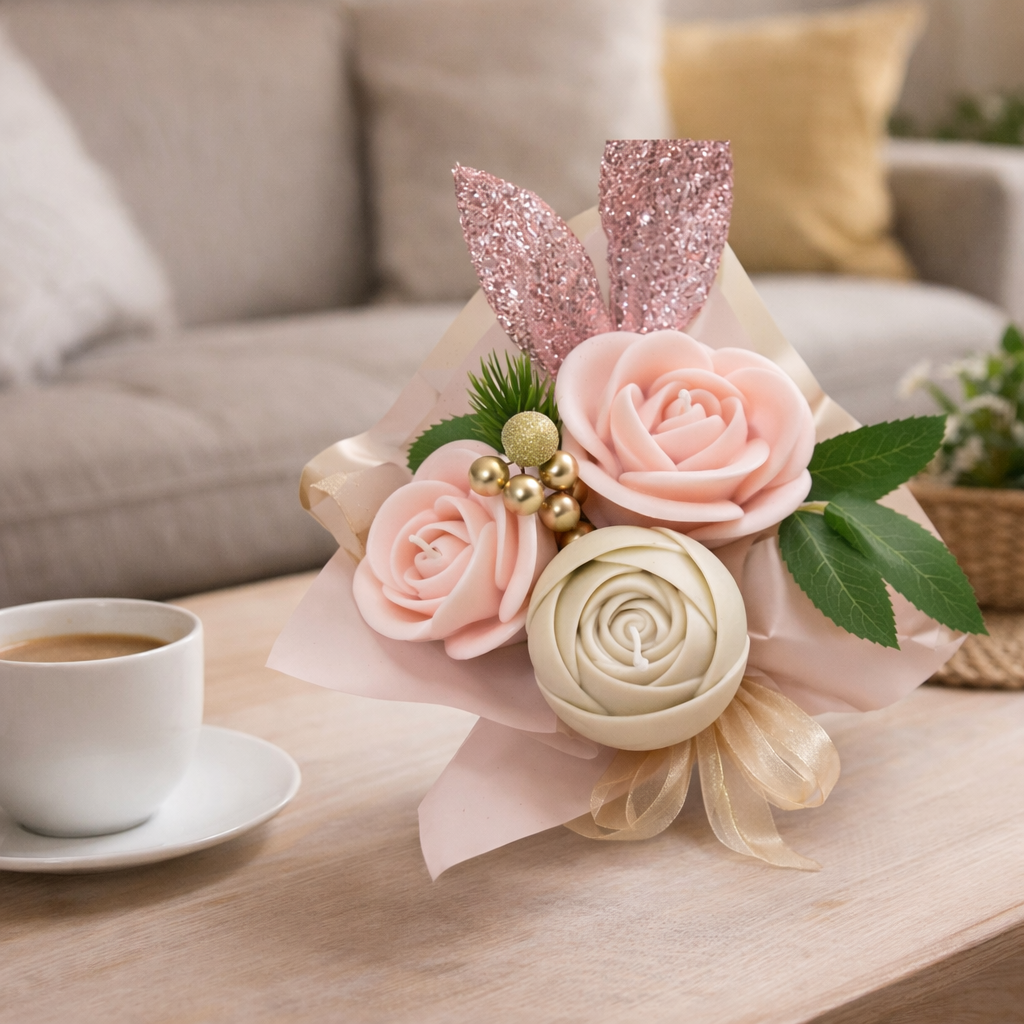 Floral arrangement with pink and white flowers on a table next to a cup of coffee.