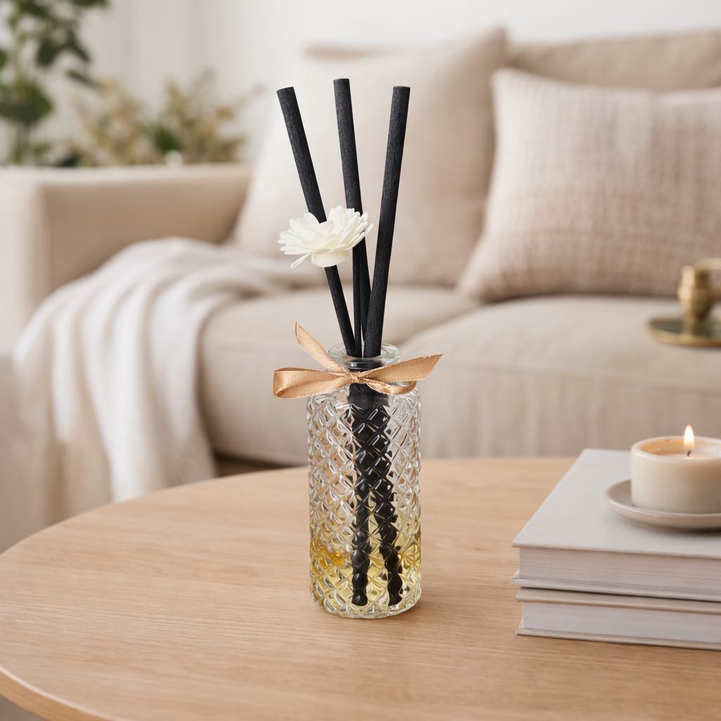 Decorative diffuser with black sticks and a white flower on a wooden table in a living room.