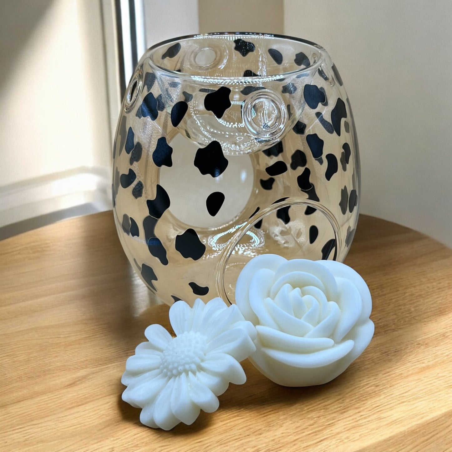 Leopard prints Glass Wax Melt Burner and flower wax melts from The Candle Suite