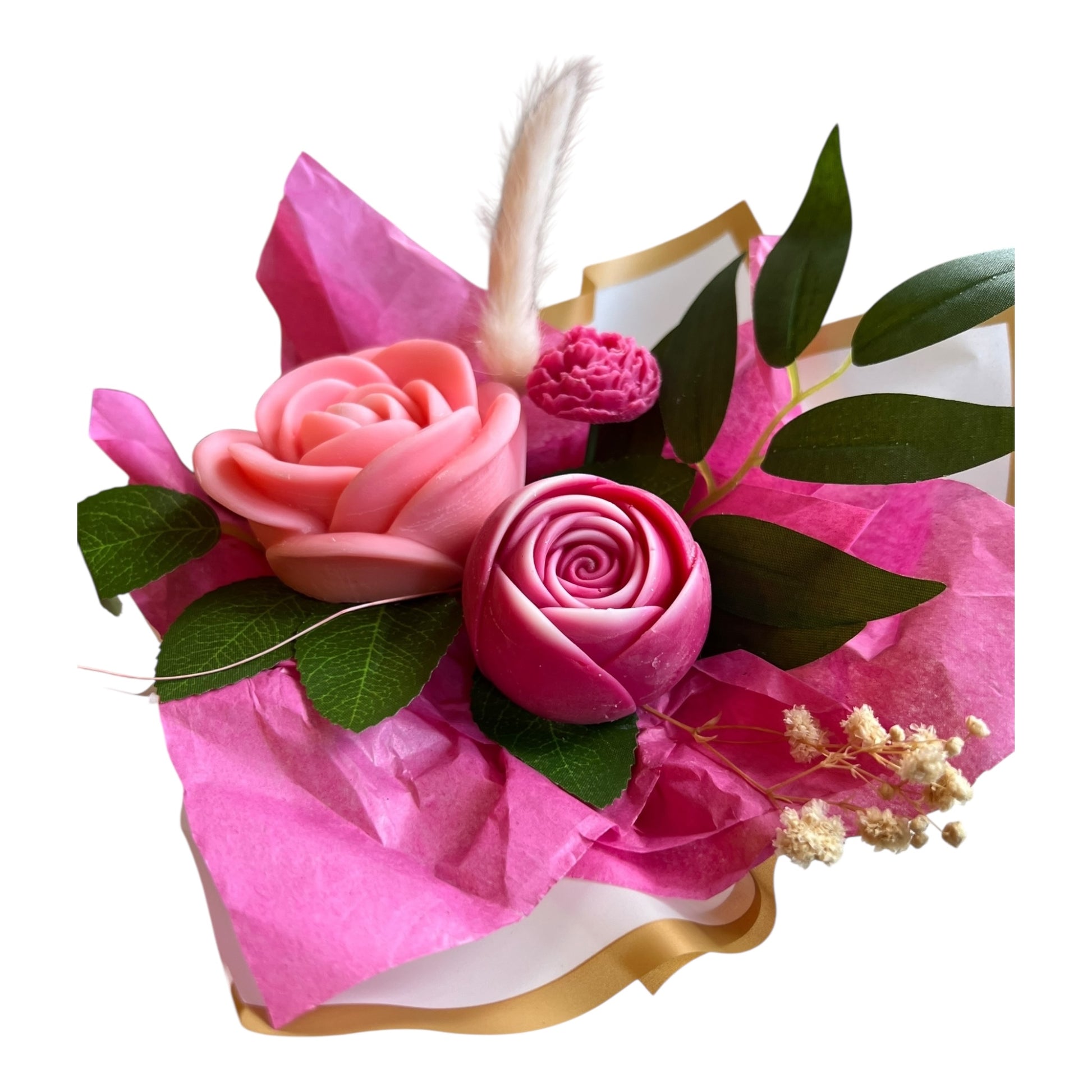 Bouquet of pink roses with green leaves on a white background