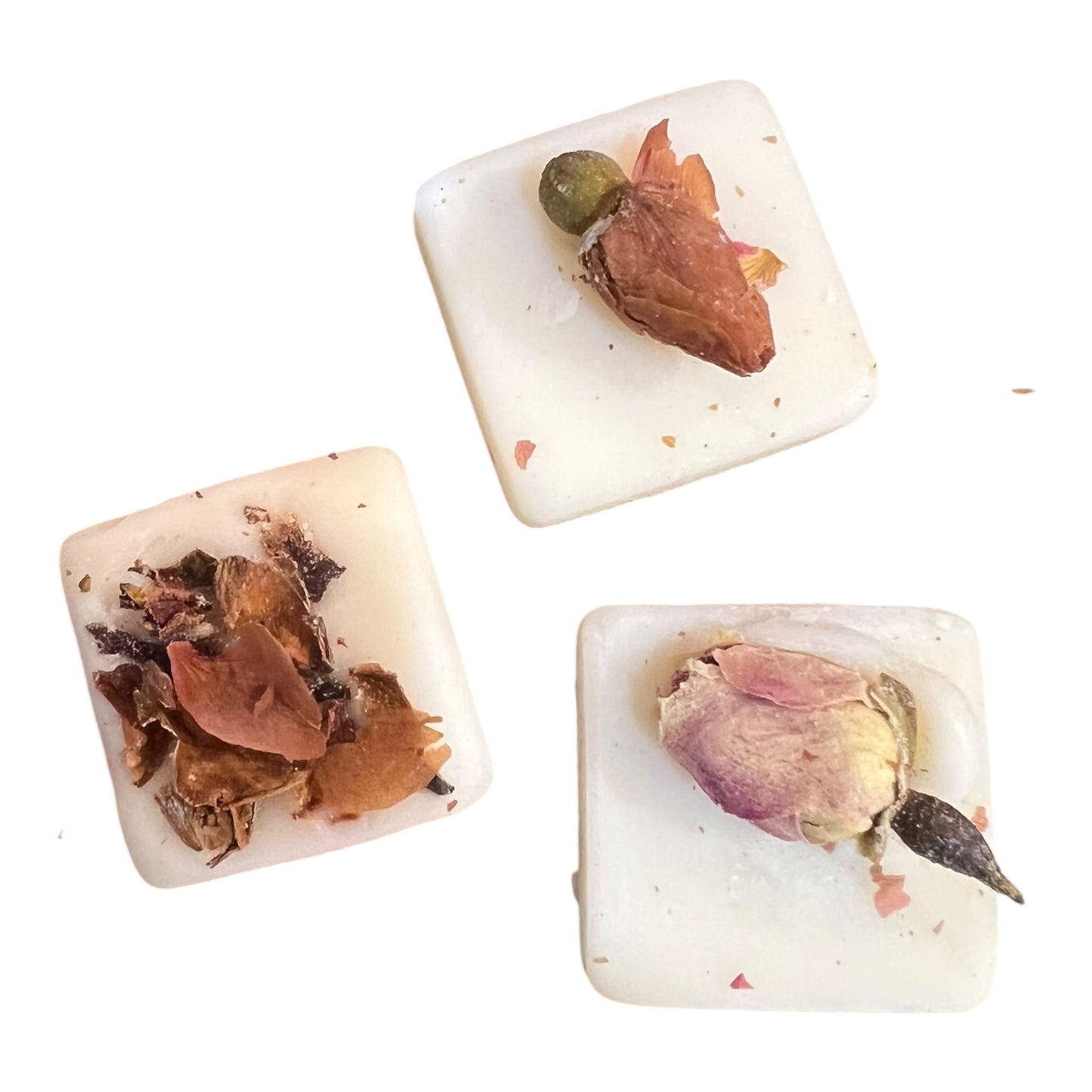 Three square  of wax melts with natural elements embedded on a white background