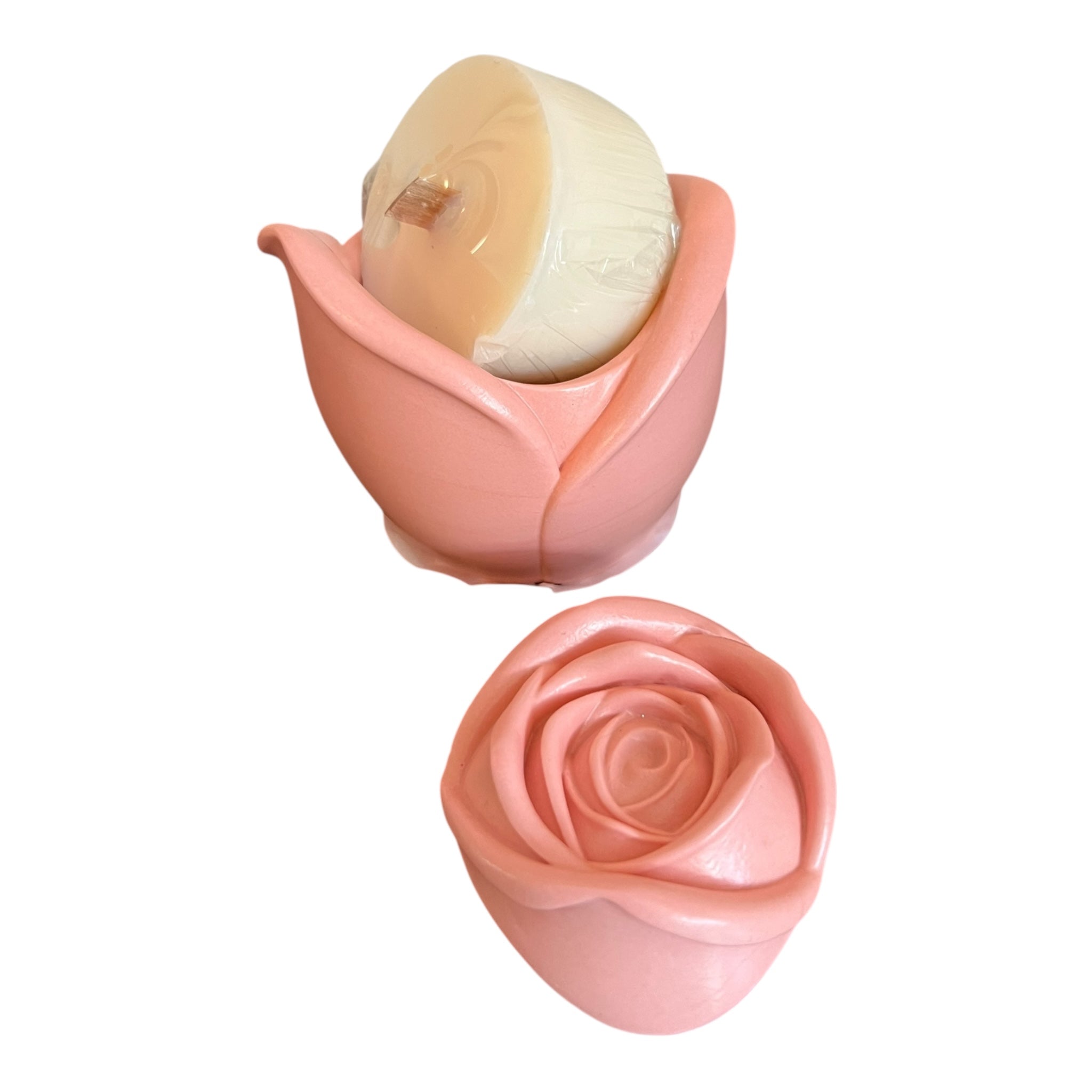 Makeup sponge in a pink rose-shaped holder on a white background