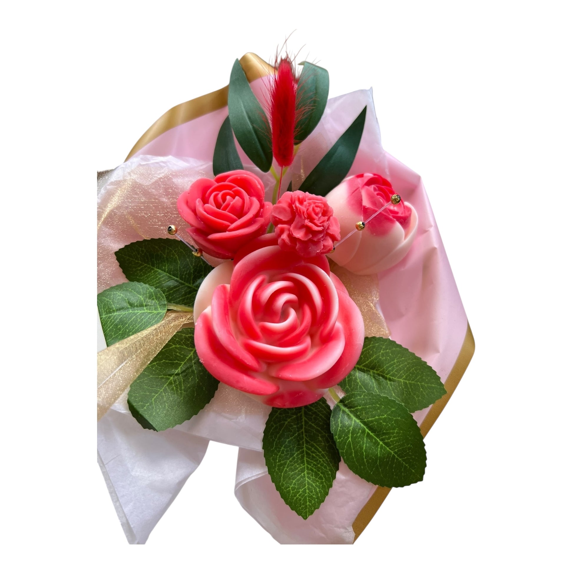 Bouquet of pink roses with green leaves on a white background